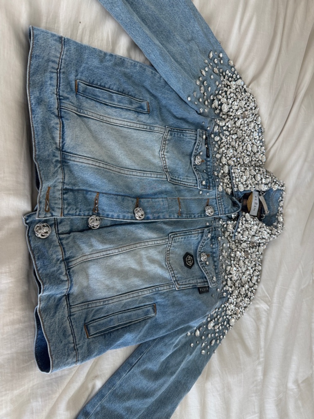 Philipp Plein Light Blue Denim Jacket with Crystal Embellishment